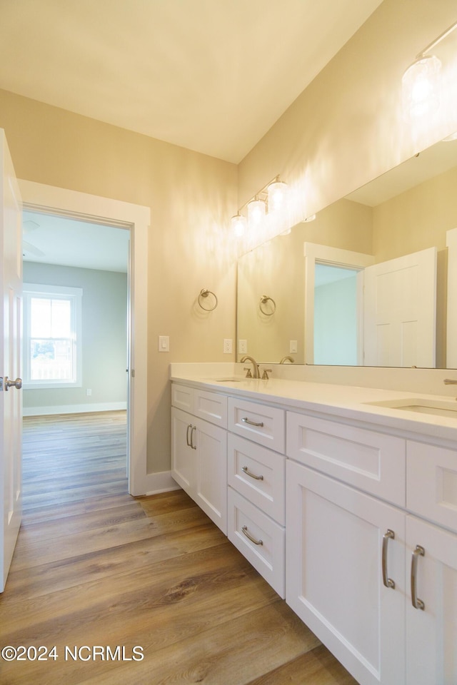 bathroom with hardwood / wood-style floors and vanity