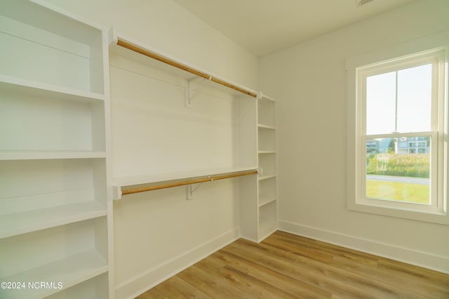 walk in closet with light wood-type flooring