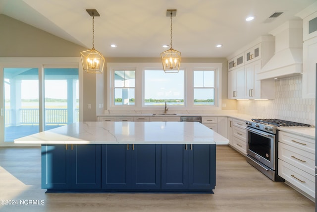 kitchen featuring custom exhaust hood, plenty of natural light, stainless steel appliances, and blue cabinetry