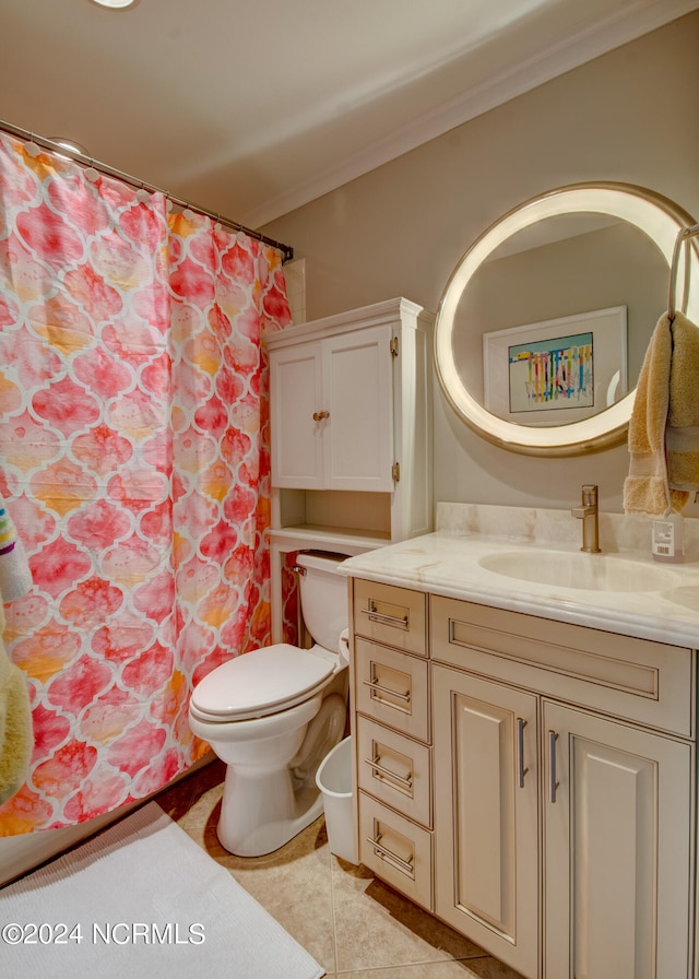 bathroom featuring vanity, tile patterned flooring, a shower with shower curtain, ornamental molding, and toilet