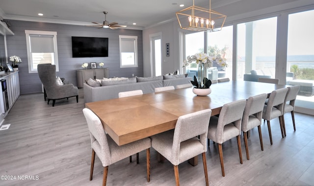 dining room with light wood-type flooring, crown molding, ceiling fan with notable chandelier, and wood walls