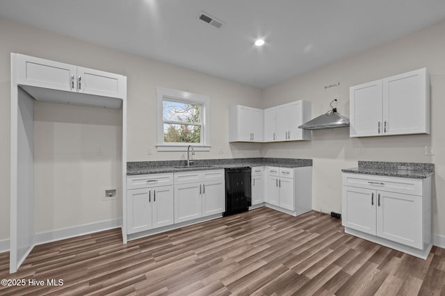 kitchen with sink, black dishwasher, range hood, dark hardwood / wood-style floors, and white cabinets