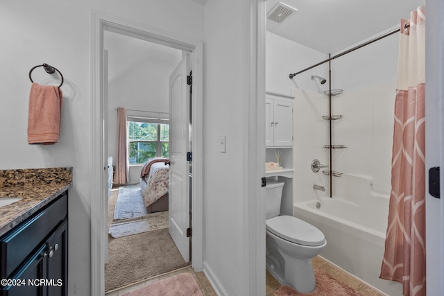 ensuite bathroom featuring toilet, visible vents, vanity, shower / bath combination with curtain, and ensuite bath