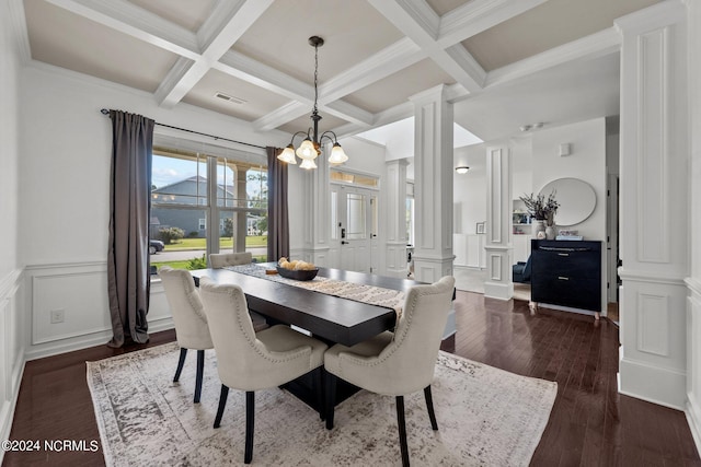 dining room featuring dark wood-type flooring, a decorative wall, beam ceiling, and ornate columns