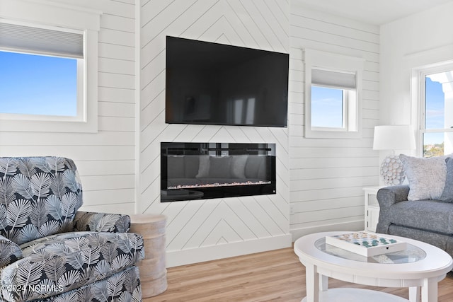 living area featuring a glass covered fireplace and wood finished floors