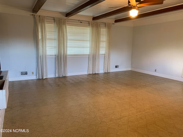 spare room featuring ceiling fan, wooden ceiling, and beam ceiling