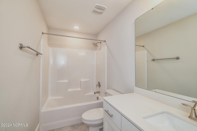 full bathroom featuring toilet, vanity, bathing tub / shower combination, and tile patterned flooring