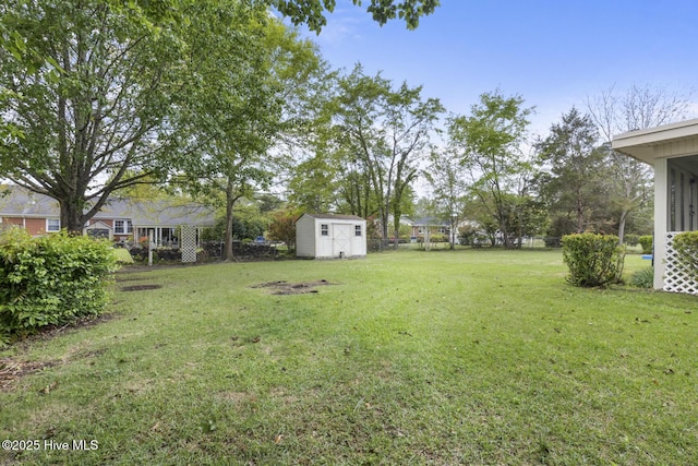 view of yard featuring fence, an outdoor structure, and a storage unit
