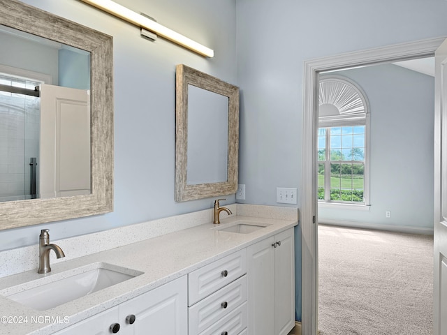 bathroom featuring walk in shower and vanity