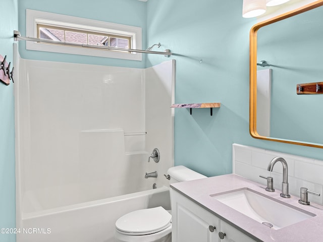 full bathroom with toilet, bathing tub / shower combination, tasteful backsplash, and vanity