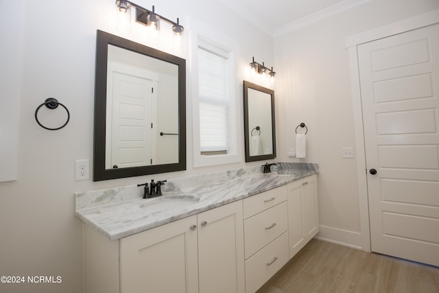 bathroom with ornamental molding, vanity, and wood-type flooring