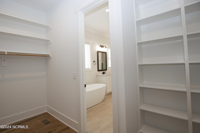 interior space with wood-type flooring, a bathing tub, and crown molding