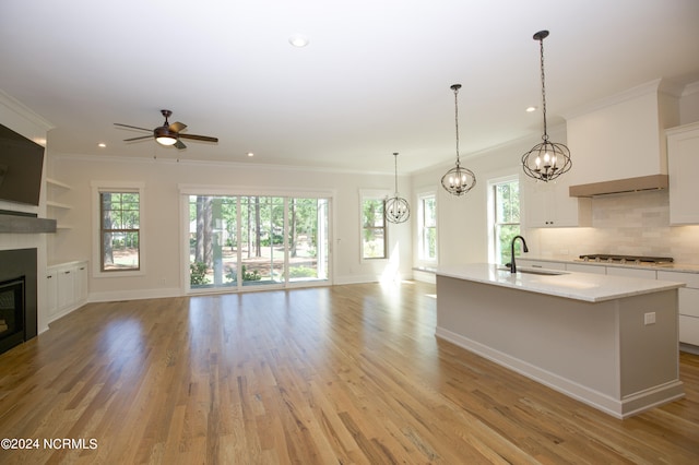 kitchen featuring ceiling fan with notable chandelier, light hardwood / wood-style flooring, a kitchen island with sink, sink, and white cabinets