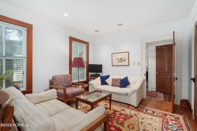 living room with dark wood-type flooring and crown molding