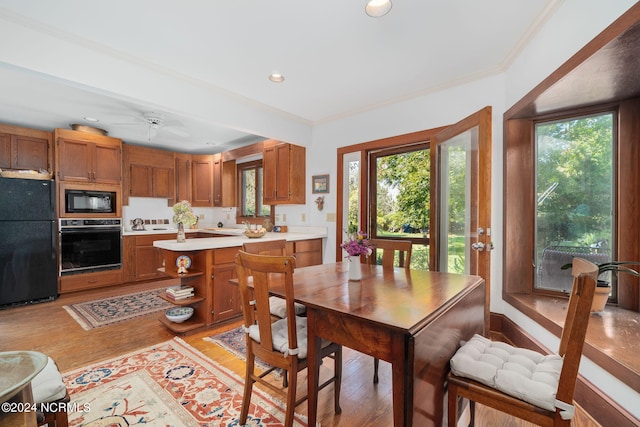 dining space featuring light hardwood / wood-style floors, a healthy amount of sunlight, ornamental molding, and ceiling fan