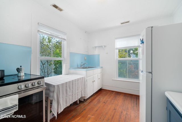 bedroom with ornamental molding, white fridge, multiple windows, and dark hardwood / wood-style floors