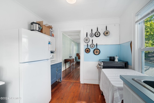 kitchen with crown molding, dark hardwood / wood-style floors, plenty of natural light, and white appliances