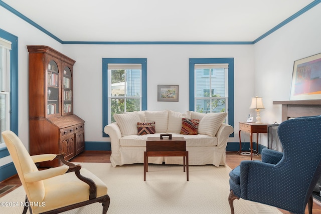 living room featuring crown molding and light hardwood / wood-style flooring