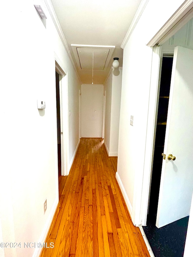 hall featuring ornamental molding and hardwood / wood-style flooring