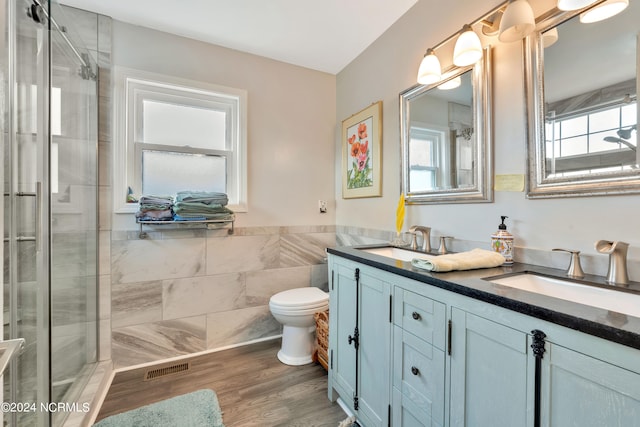 bathroom with hardwood / wood-style floors, vanity, a healthy amount of sunlight, and toilet