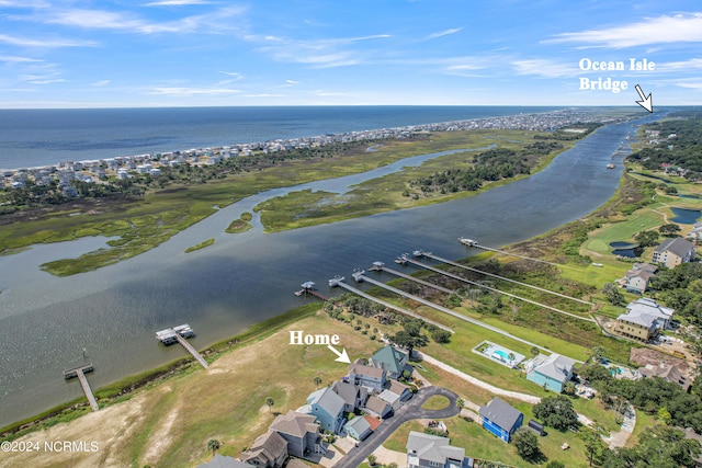 aerial view featuring a water view