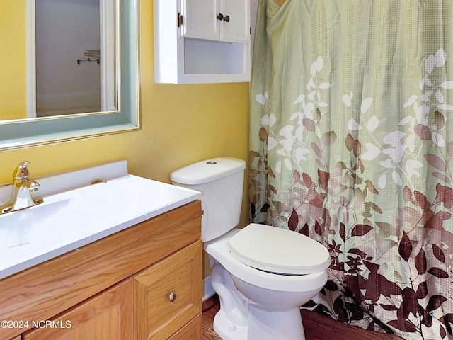 bathroom with vanity, toilet, and a shower with curtain