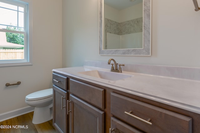 bathroom featuring vanity, toilet, and hardwood / wood-style flooring