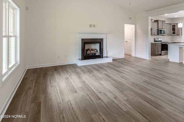 unfurnished living room with light hardwood / wood-style flooring and lofted ceiling