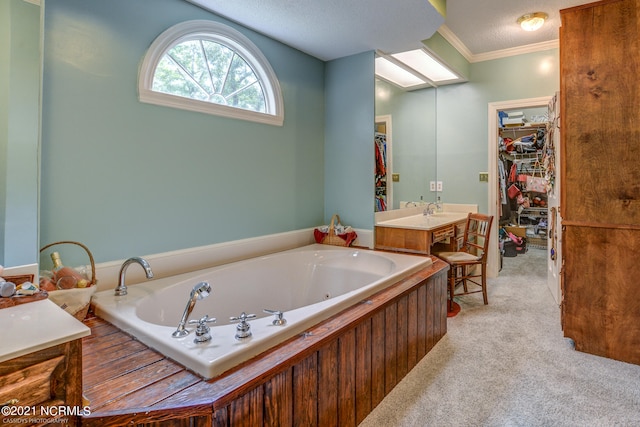 bathroom featuring a textured ceiling, crown molding, vanity, and a bathtub