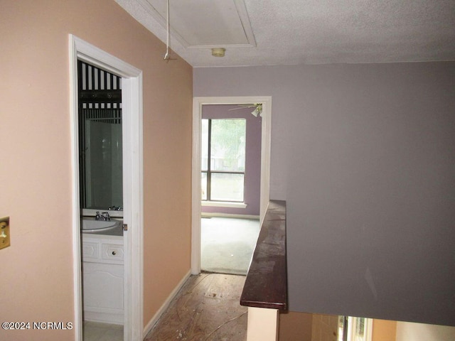 corridor featuring a textured ceiling and sink