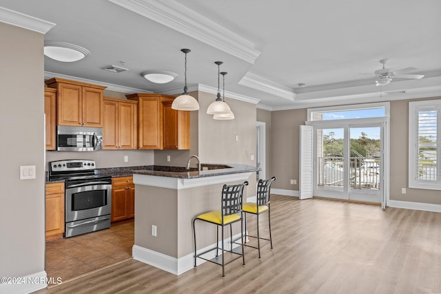 kitchen with pendant lighting, light hardwood / wood-style flooring, a breakfast bar, stainless steel appliances, and kitchen peninsula