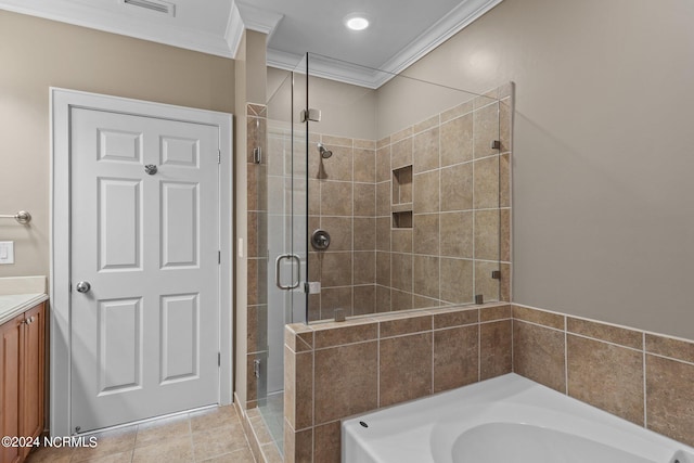 bathroom with crown molding, shower with separate bathtub, vanity, and tile patterned floors