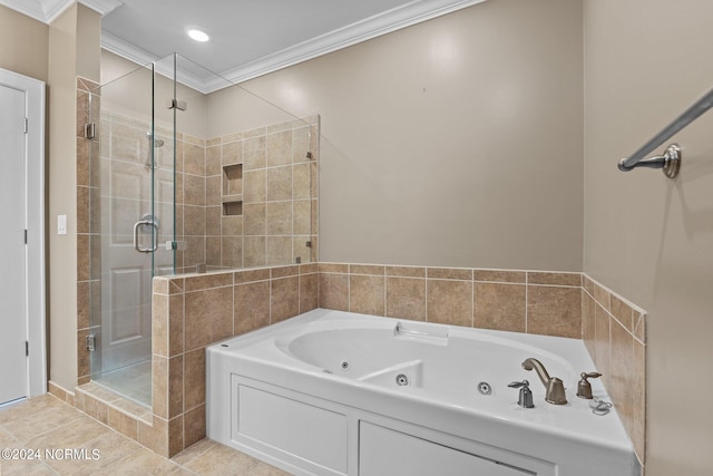 bathroom featuring tile patterned flooring, shower with separate bathtub, and crown molding