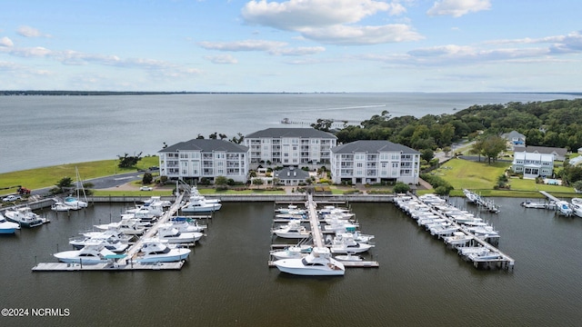 drone / aerial view featuring a water view