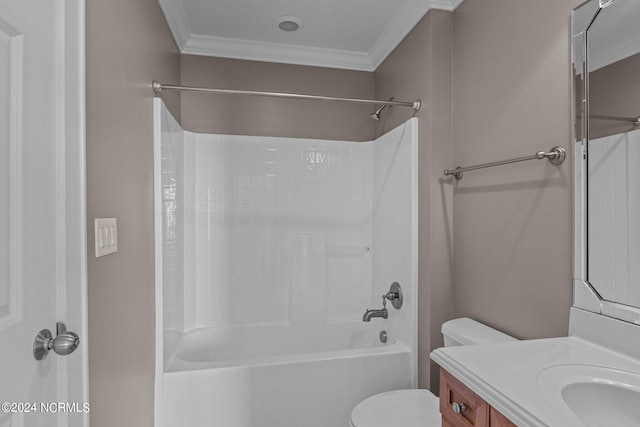 full bathroom with crown molding, vanity, toilet, and bathtub / shower combination