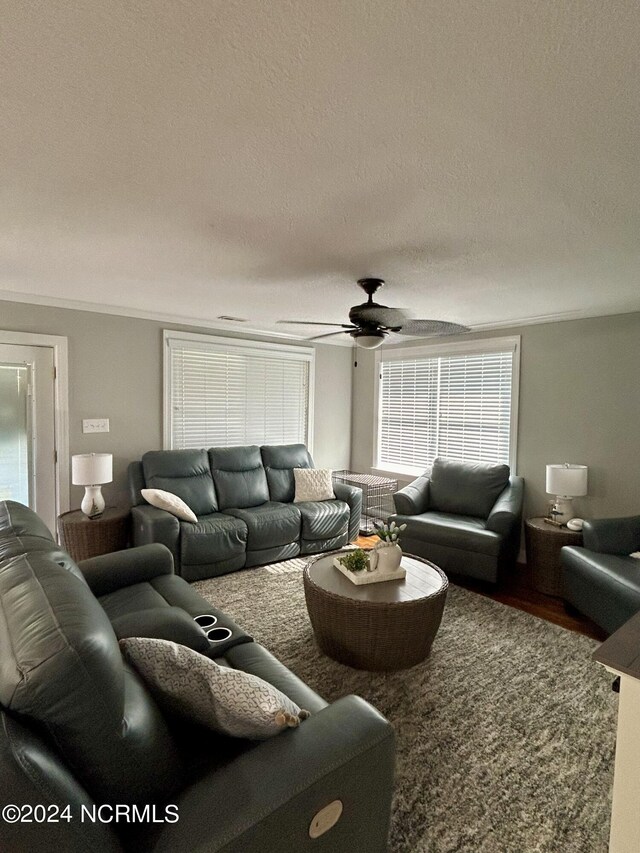 living room featuring dark wood-type flooring, a textured ceiling, and ceiling fan