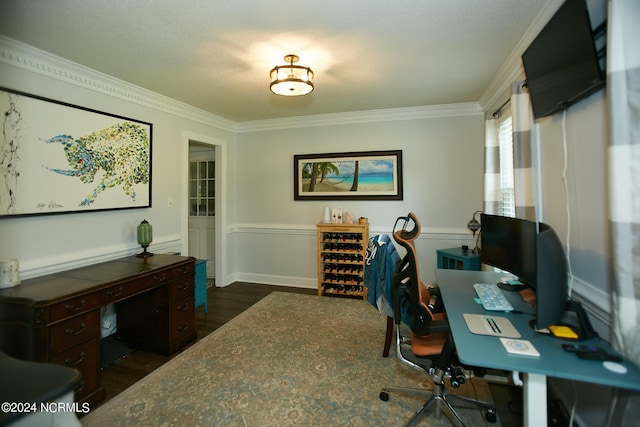 home office with ornamental molding and dark wood finished floors