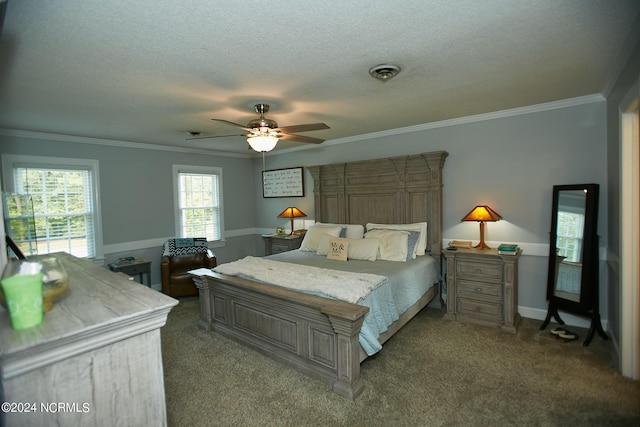 bedroom featuring a textured ceiling, dark colored carpet, visible vents, and crown molding