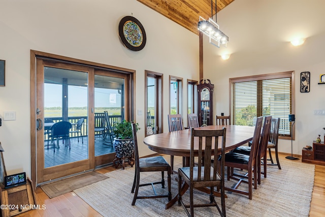 dining room featuring high vaulted ceiling and light wood-type flooring