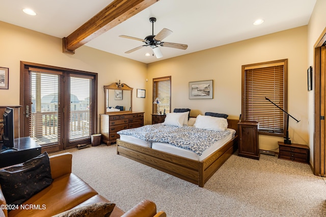 bedroom with ceiling fan, recessed lighting, light colored carpet, access to exterior, and beamed ceiling