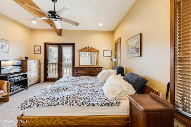 carpeted bedroom with ceiling fan and access to exterior