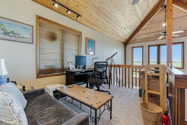 home office featuring wood ceiling, a healthy amount of sunlight, ceiling fan, and lofted ceiling with beams