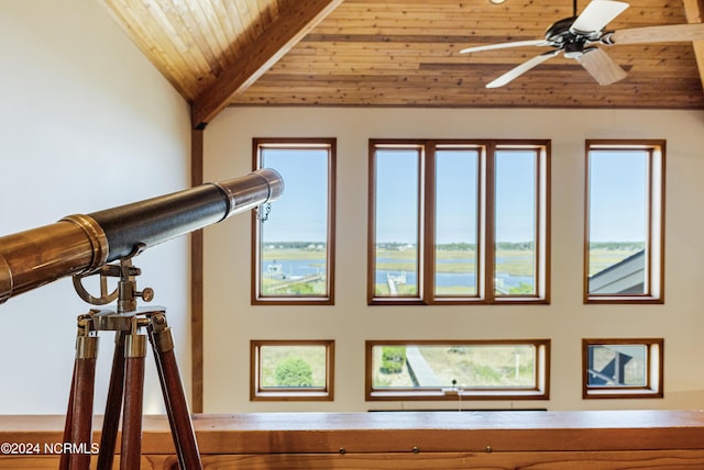 room details with beam ceiling, wood ceiling, and a ceiling fan