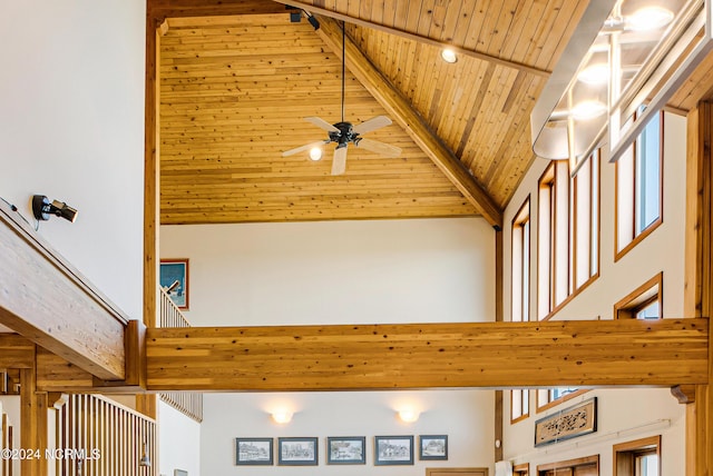 details with ceiling fan, beam ceiling, and wooden ceiling