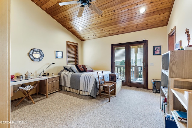 bedroom featuring lofted ceiling, access to exterior, light carpet, and wooden ceiling