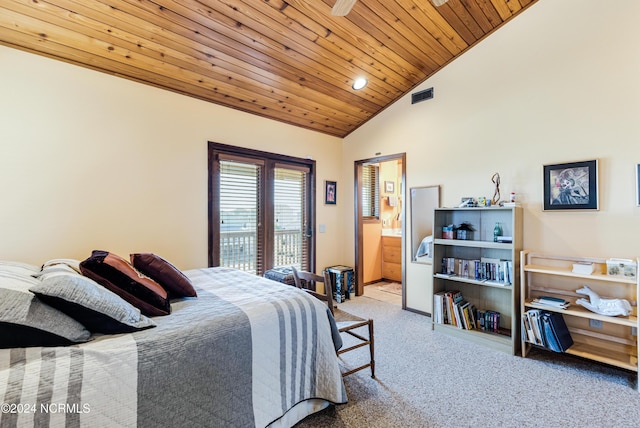 bedroom with carpet floors, visible vents, high vaulted ceiling, access to outside, and wooden ceiling