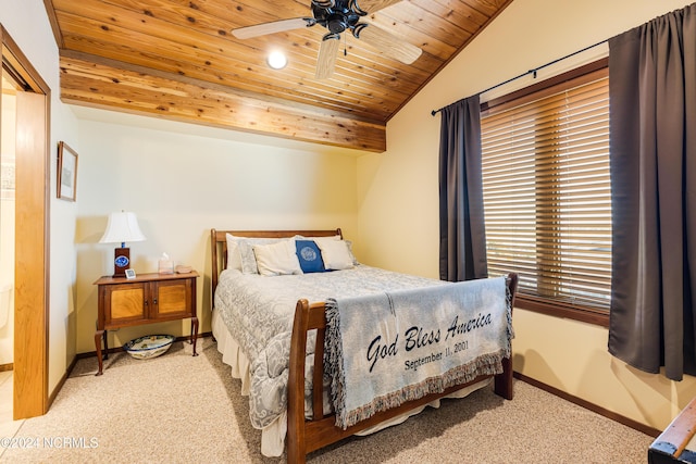 carpeted bedroom with lofted ceiling, wooden ceiling, ceiling fan, and baseboards