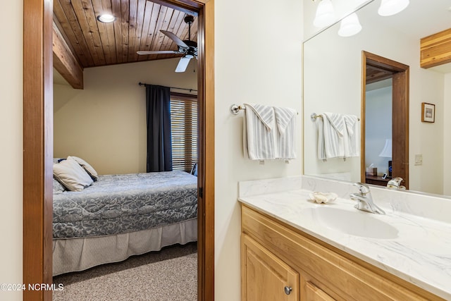 bathroom with ceiling fan, vanity, wood ceiling, vaulted ceiling, and ensuite bath