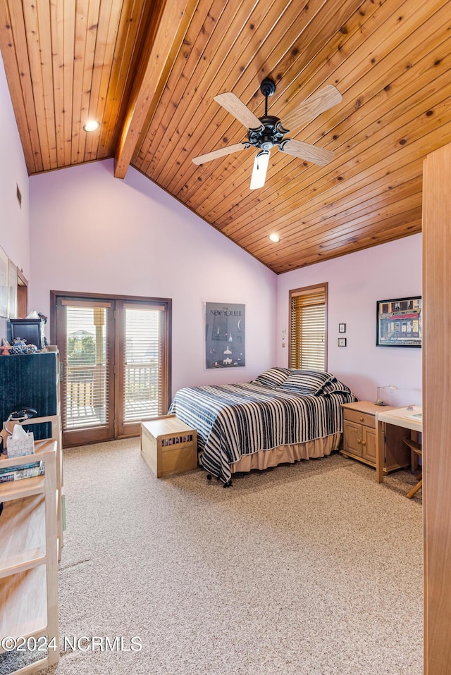 carpeted bedroom with wood ceiling, ceiling fan, beam ceiling, and high vaulted ceiling