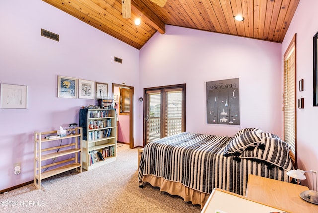 carpeted bedroom with beamed ceiling, access to exterior, wooden ceiling, and high vaulted ceiling